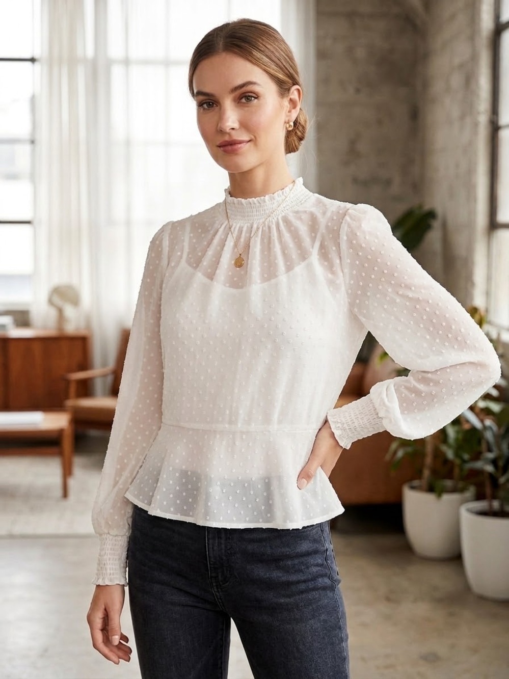 White Swiss Dot Peplum Blouse